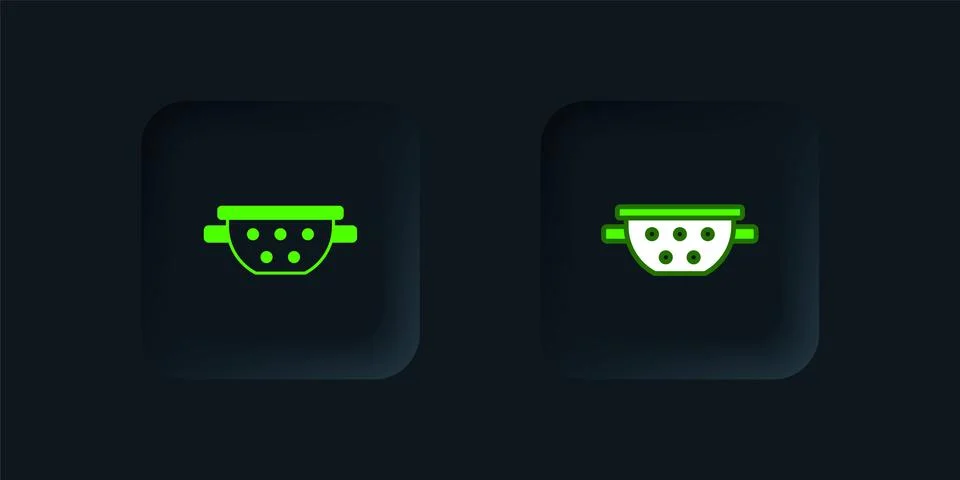 Green Kitchen colander icon isolated on black background. Cooking utensil. .. Stock Illustration
