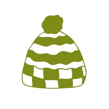 Green knit hat with striped pattern and pompom. Winter headwear. Cozy cold Stock Illustration