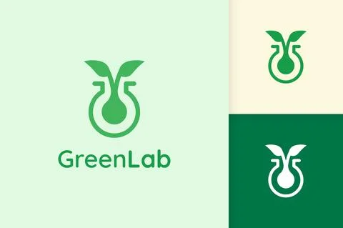 Green lab logo with leaf shape for science or chemistry Stock Illustration