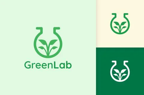 Green lab logo with leaf shape for science or chemistry Stock Illustration