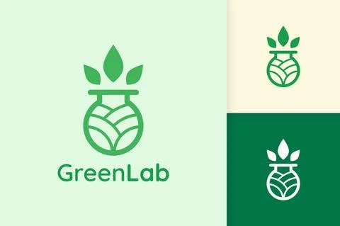 Green lab logo with leaf shape for science or chemistry Stock Illustration