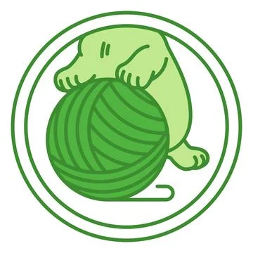 Green Label Kitten Food. Vector Icon. Kitten Playing with a Ball of Yarn. K.. Stock Illustration