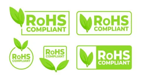 Green labels with a leaf icon indicating RoHS Compliant for electronics Stock Illustration