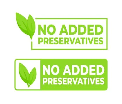 Green labels stating No Added Preservatives with a leaf symbol, ideal for Stock-Illustration