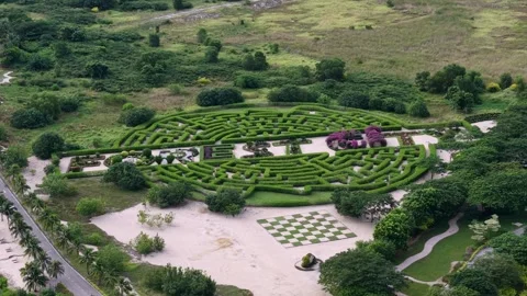 Green labyrinth and geometric hedge design in Forest City's central park. Видео 332153852