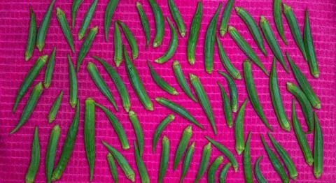 Green Lady Fingers pattern from top view, Okra vegetable on pink background Stock Photos