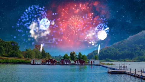 Green lake with colorful Firework Stock Footage 145518661