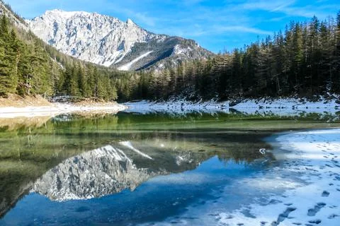 Green Lake - Soft reflection on a calm lake's water in winter Stock Photos
