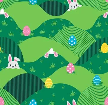 Green landscape with easter eggs and bunny seamless pattern Illustrazione stock