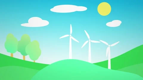 Green landscape with rotating wind mills (wind turbines). 2D animation Stock Footage 141900318