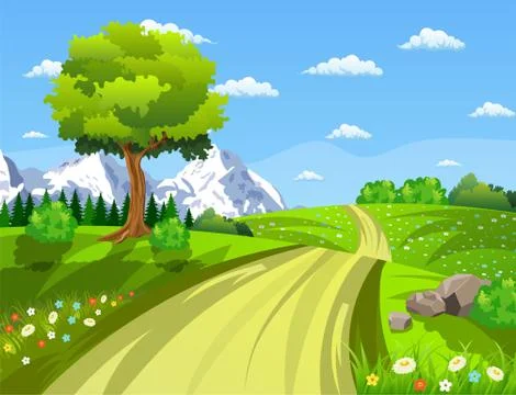Green Landscape with trees clouds flowers Stock-Illustration