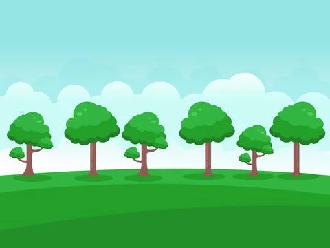 Green Landscape with trees, clouds, meadow  illustration Stock Illustration