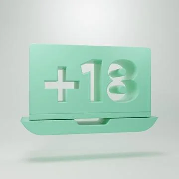 Green Laptop with 18 plus content icon isolated on grey background. Age res.. Stock Illustration