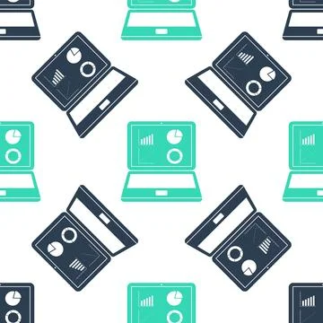 Green Laptop with graph chart icon isolated seamless pattern on white background Stock Illustration