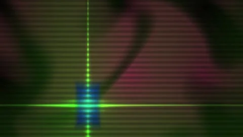 Green laser beam intersecting with blue rectangle on dark background. Video stock 337475864