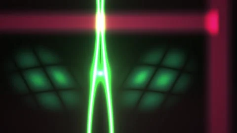 Green laser beam intersecting red frame in dark room with grid pattern. Stockbeeldmateriaal 336701852