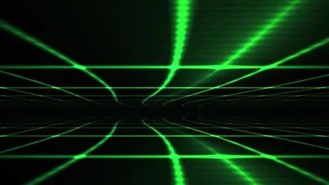 Green laser beams intersecting in a dark room with grid pattern. Stockbeeldmateriaal 336701962