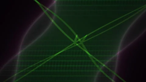 Green laser beams intersecting in dark space with grid pattern. Stockbeeldmateriaal 337514734