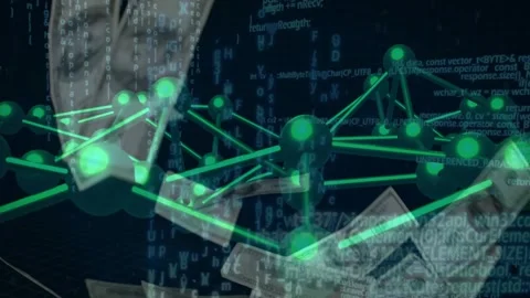Green lattice spinning as left USD bills entering, bills weaving nodes showing Stock Footage 329454693