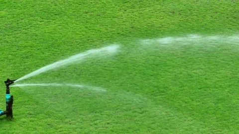 A green lawn with an active sprinkler system watering grass Stock Footage 331279805