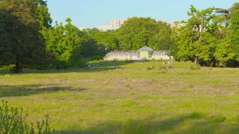 Green lawn and distant view of a glasshouse in Lyon's Parc de la Tête d'Or Stockbeeldmateriaal 289672319