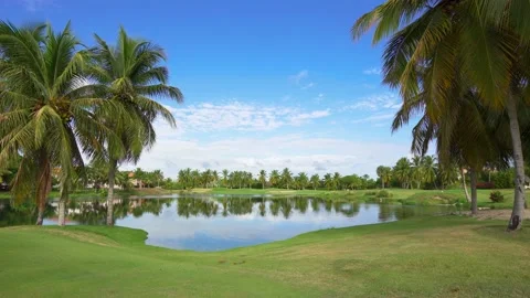 A green lawn frames a blue mirror lake.  스톡 동영상 167706322