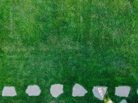 Green lawn with stone pathway viewed from above, natural garden background Stock Photos