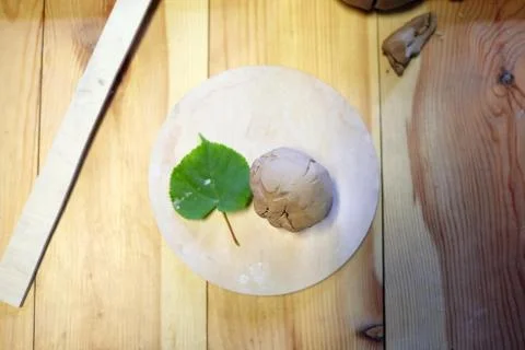 Green leaf and clod of soft wet clay on a wooden table Stock-Fotos