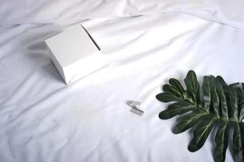 Green leaf and empty white box on a white cloth background Stock Photos