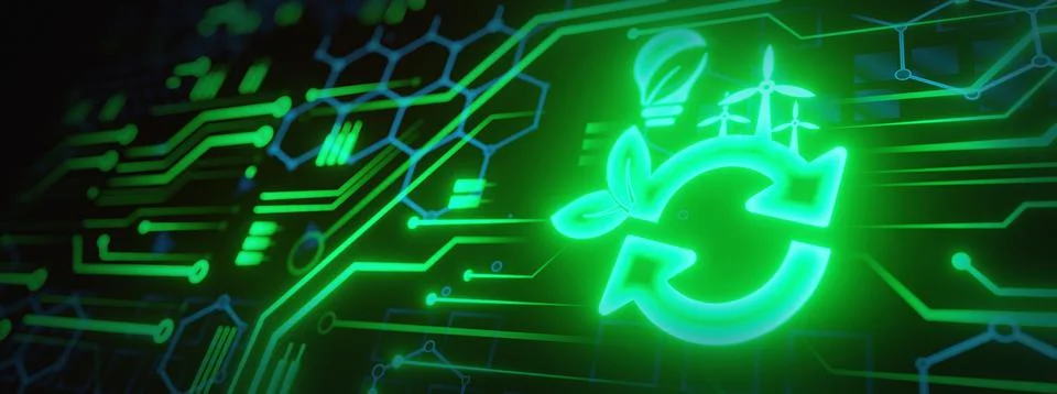 Green leaf on the arrow of computer circuit board. Nature with Digital Conver 库存插图