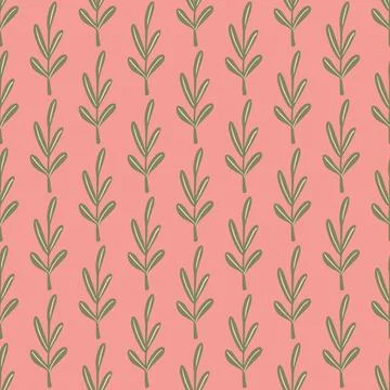 Green leaf branches doodle seamless creative pattern. Pink background. Simple Stock Illustration
