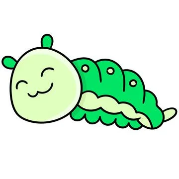 Green leaf caterpillar with a smiling face, doodle icon image Stock-Illustration