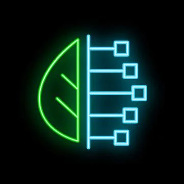 Green leaf combining with digital technology in neon style Stock Illustration