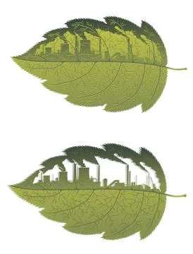 Green leaf with factory building Ilustración de archivo