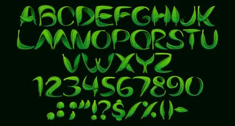 Green leaf font alphabet, spring garden plant type Stock Illustration