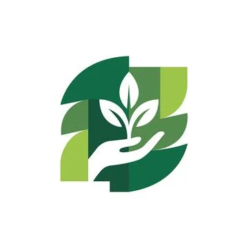 Green Leaf Hand Logo Design with Eco Nature Care Branding Stock Illustration