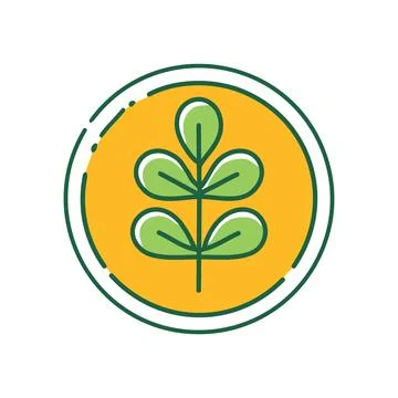 Green leaf icon. Simple green leaf icon on yellow background. Represents gr.. Stock Illustration