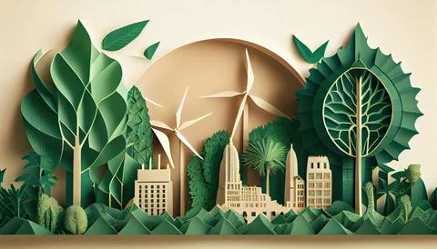 Green leaf image in the paper art style with trees, city building silhouett.. Ilustración de archivo