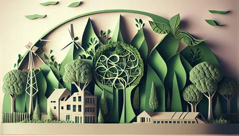 Green leaf image in the paper art style with trees, city building silhouett.. Ilustración de archivo