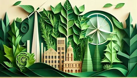 Green leaf image in the paper art style with trees, city building silhouett.. Ilustración de archivo