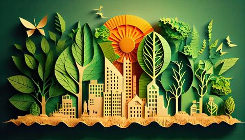 Green leaf image in the paper art style with trees, city building silhouett.. Ilustración de archivo