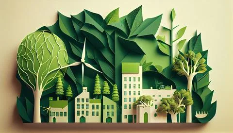 Green leaf image in the paper art style with trees, city building silhouett.. Ilustración de archivo