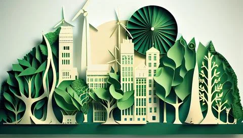 Green leaf image in the paper art style with trees, city building silhouett.. Ilustración de archivo