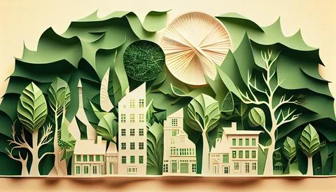 Green leaf image in the paper art style with trees, city building silhouett.. Ilustración de archivo