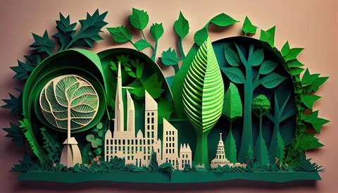 Green leaf image in the paper art style with trees, city building silhouett.. Ilustración de archivo