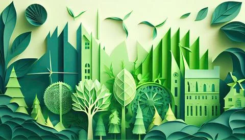 Green leaf image in the paper art style with trees, city building silhouett.. Ilustración de archivo