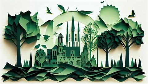 Green leaf image in the paper art style with trees, city building silhouett.. Ilustración de archivo