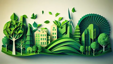 Green leaf image in the paper art style with trees, city building silhouett.. Ilustración de archivo