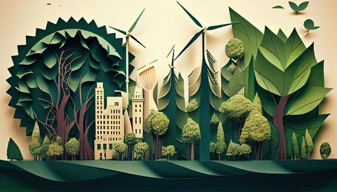 Green leaf image in the paper art style with trees, city building silhouett.. Ilustración de archivo