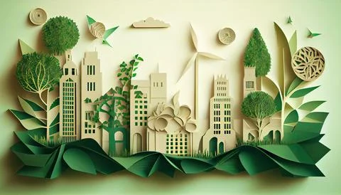 Green leaf image in the paper art style with trees, city building silhouett.. Ilustración de archivo